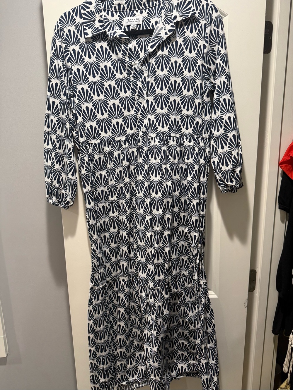 Tahari Navy and White Geometric Button-Front Maxi Dress